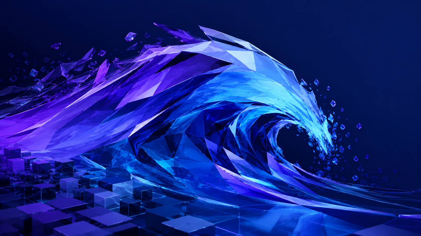 An abstract crystalline wave in cobalt and violet that breaks apart into small glass cubes, evoking the shift in how software gets built.