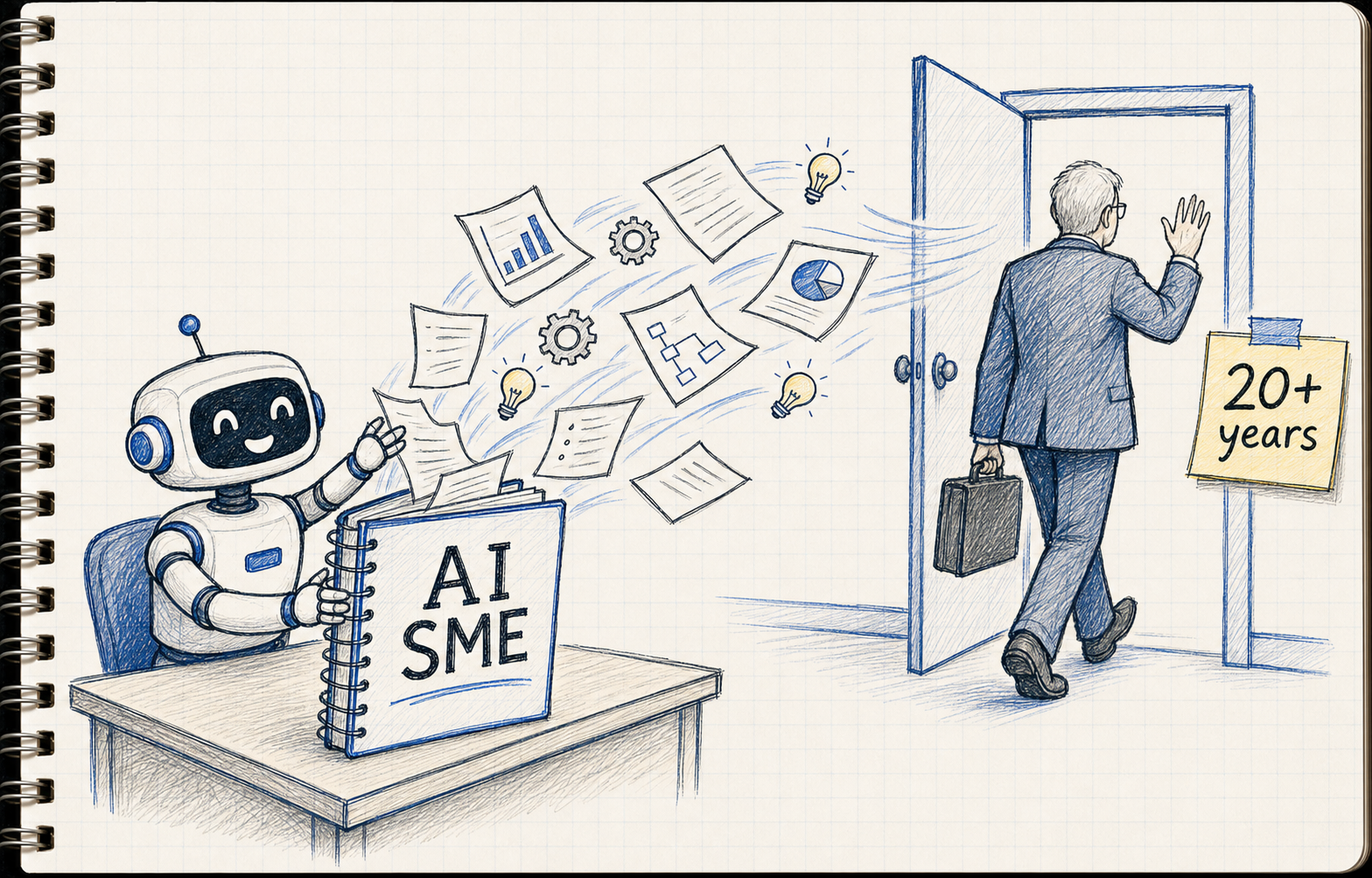 Hand-drawn sketchnote: a retiring expert waves goodbye at an office door while a friendly robot catches the drifting knowledge into a notebook labeled AI SME