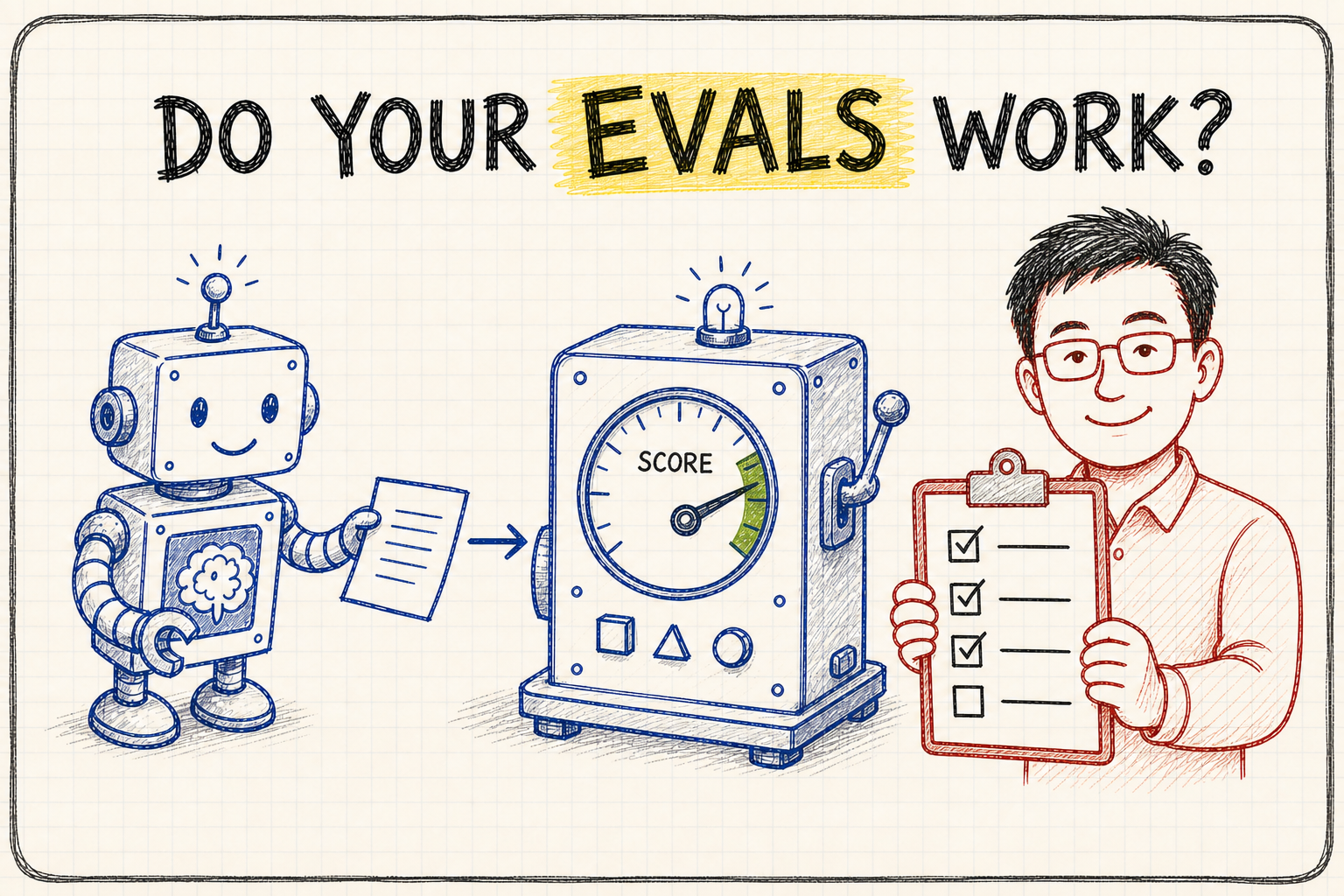 Hand-drawn sketchnote: a no-jargon walkthrough of testing AI before you ship