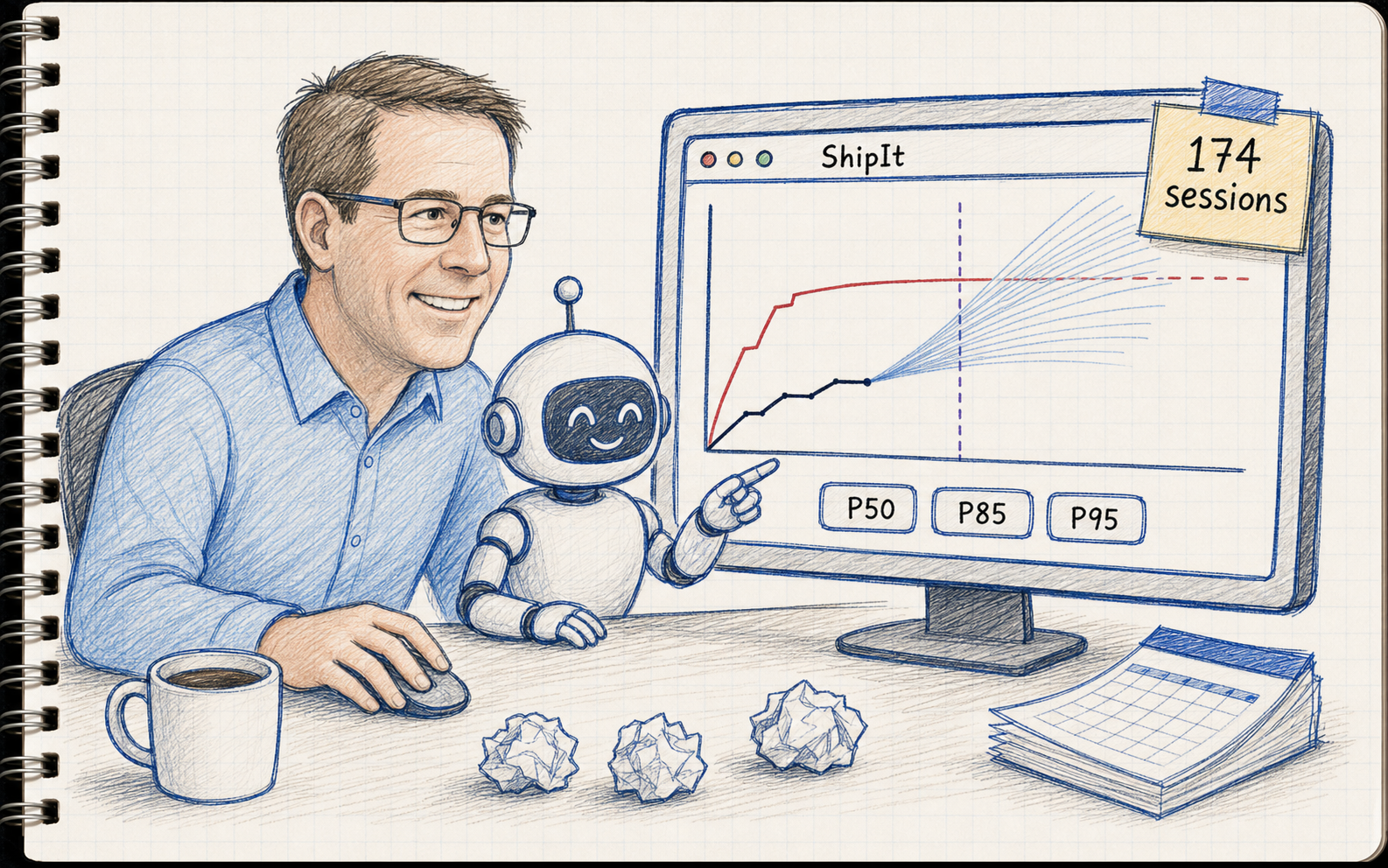 Hand-drawn sketchnote: a person and a friendly robot pair-building ShipIt at one desk over 100+ sessions